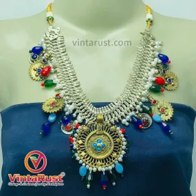 Multicolor Vintage Silver Kuchi Necklace With Golden Pendant