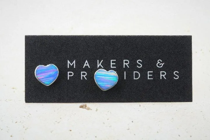 opal stud - heart -  blue rose