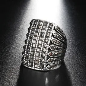 Vintage Jewelry Black Crystal Rings For Women with Zircon in Silver Color