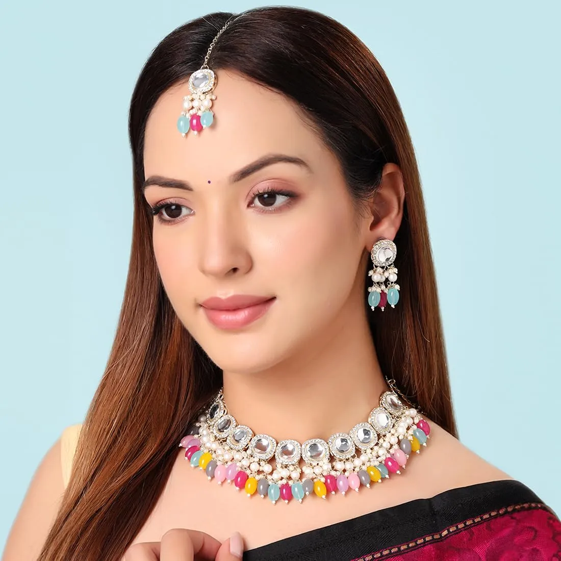 Yellow Chimes Jewellery Set for Women | Traditional Multicolor Pearl Beads Choker Necklace Set | Ethnic Gold Plated Choker Set for Girls Birthday Gift for Girls & Women | Anniversary Gift for Wife