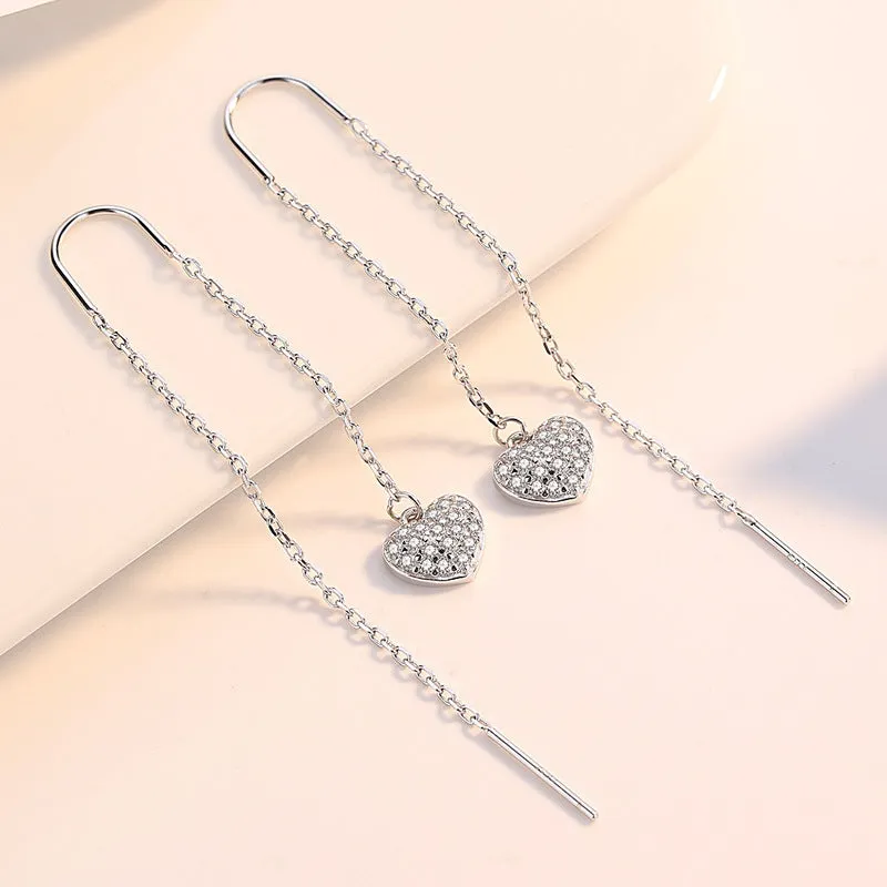 Zircon Heart Ear Line Silver Drop Earrings for Women